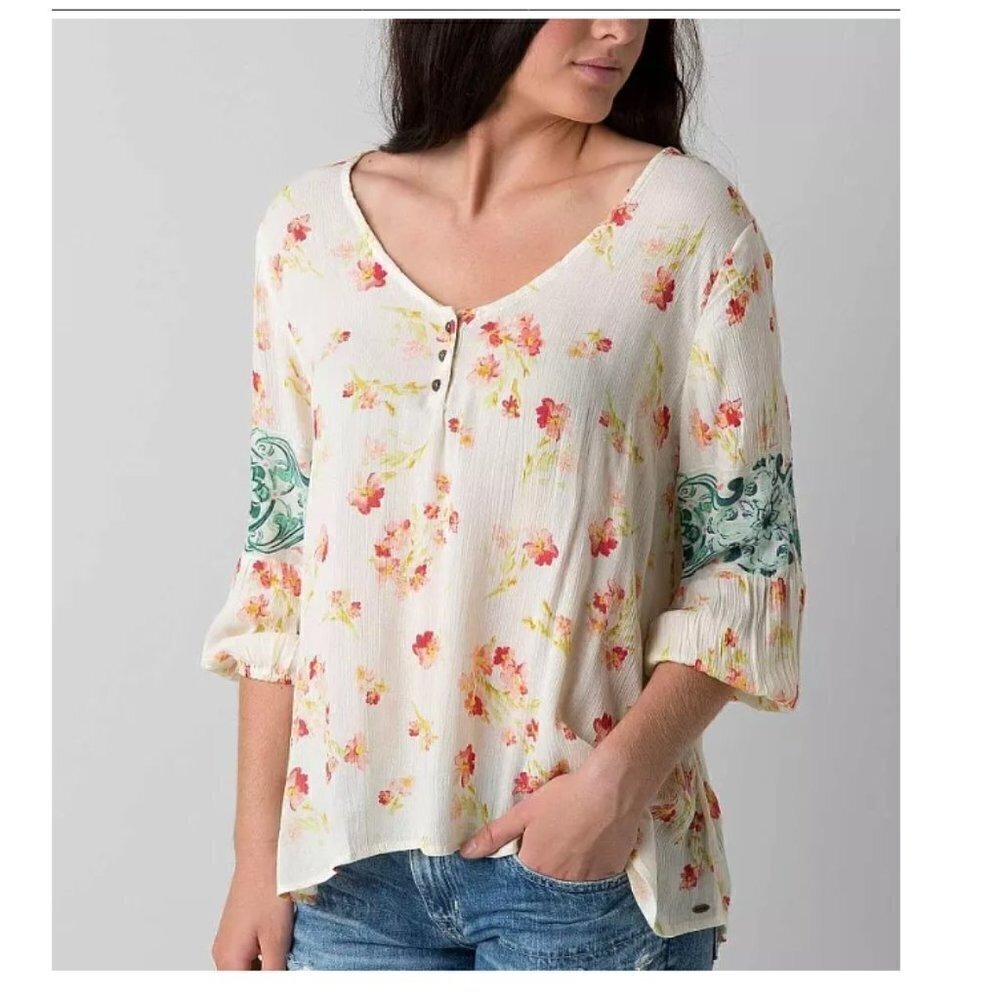 O'Neill Ildri Henley Cream‎ Pink & Blue Floral 3/4 Sleeve Top Women's Size L